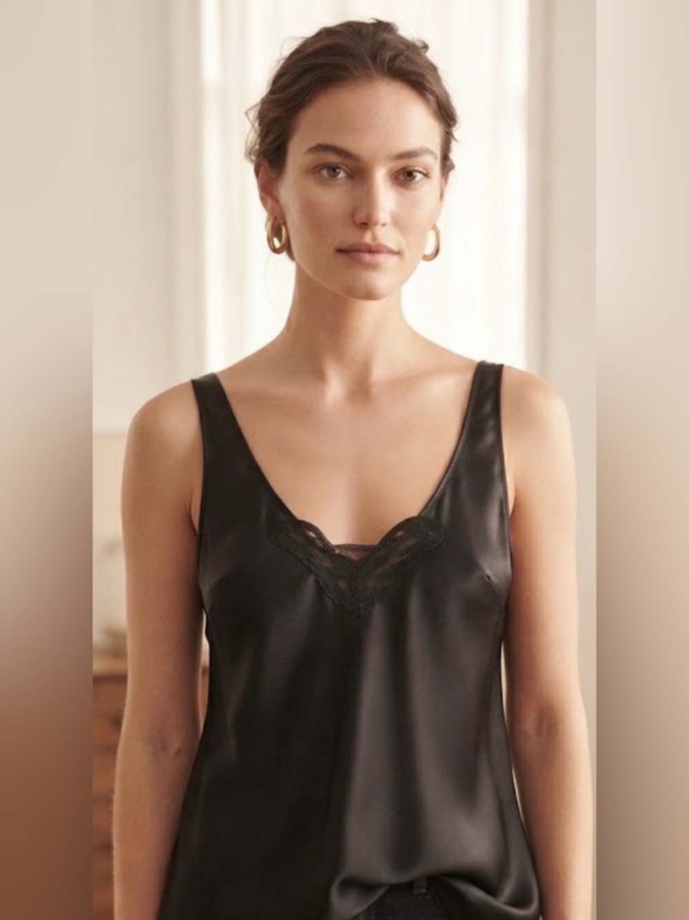 Vintage 90s Maidenform Black Satin Lace Trim Camisole Top Sz 36